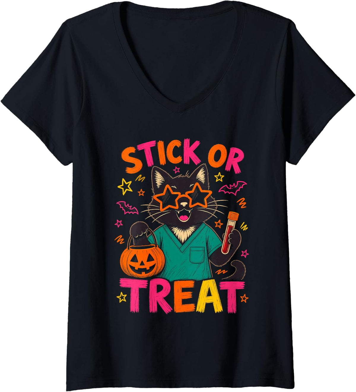 Women's Phlebotomy Halloween Stick Or Treat Phlebotomist Funny V-Neck T-Shirt - Black