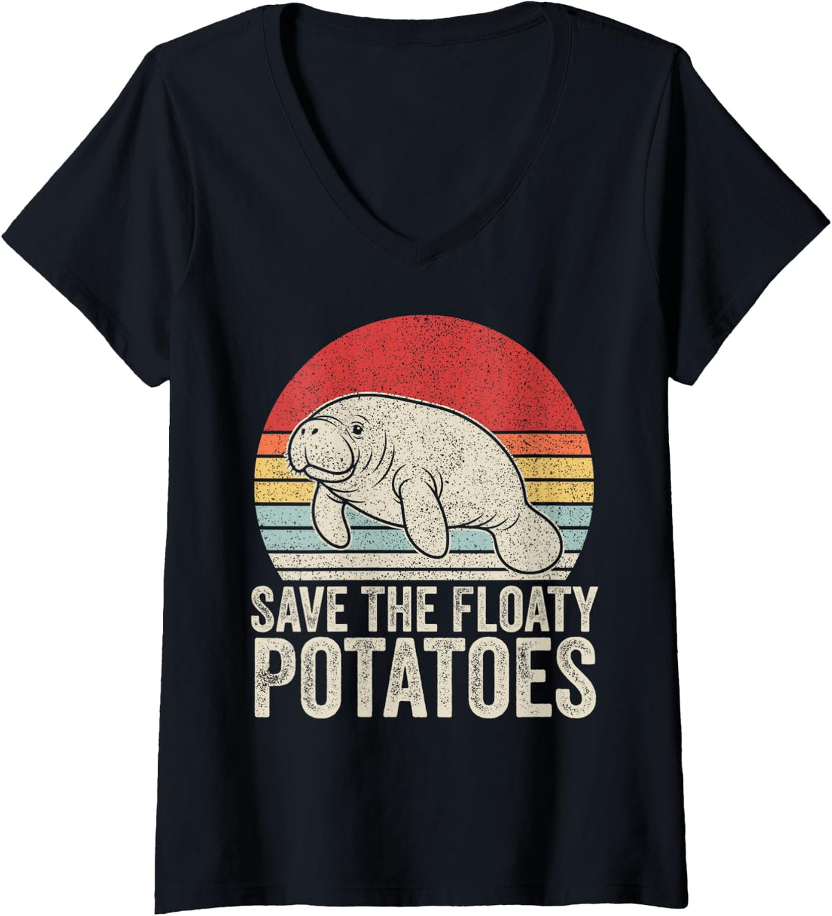 Women's Save The Floaty Potatoes Funny Manatee Retro Sunset Graphic V-Neck T-Shirt - Black