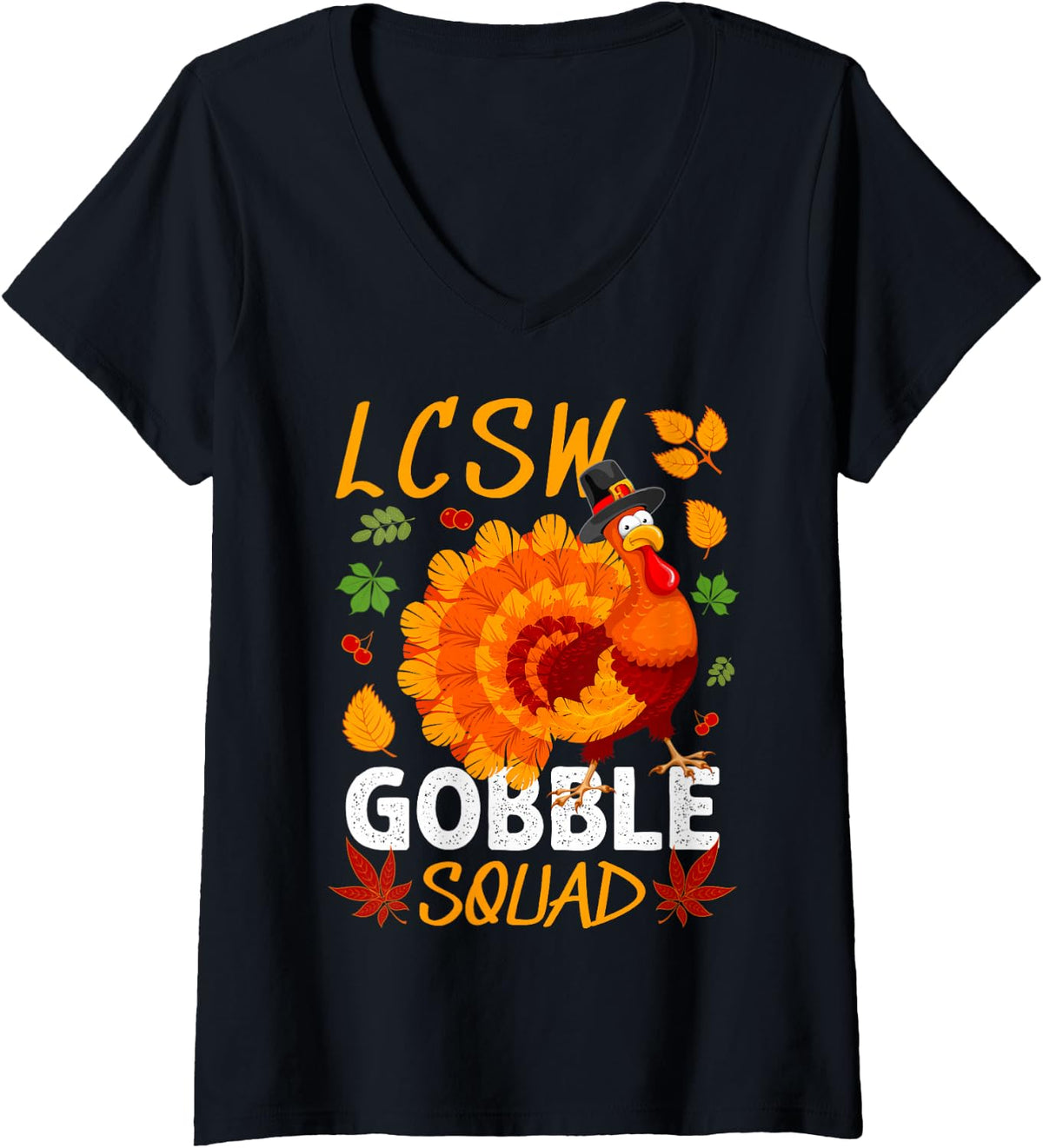 Women's LCSW Gobble Squad Thanksgiving Turkey V-Neck T-Shirt - Black