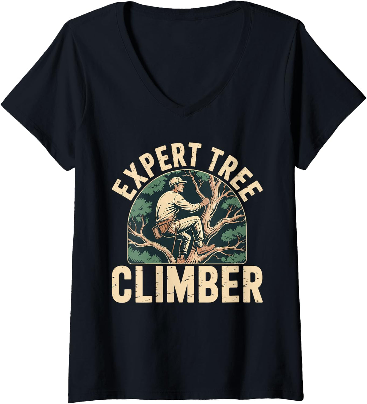 Women's Expert Tree Climber Hiking Nature Outdoors V-Neck T-Shirt - Black
