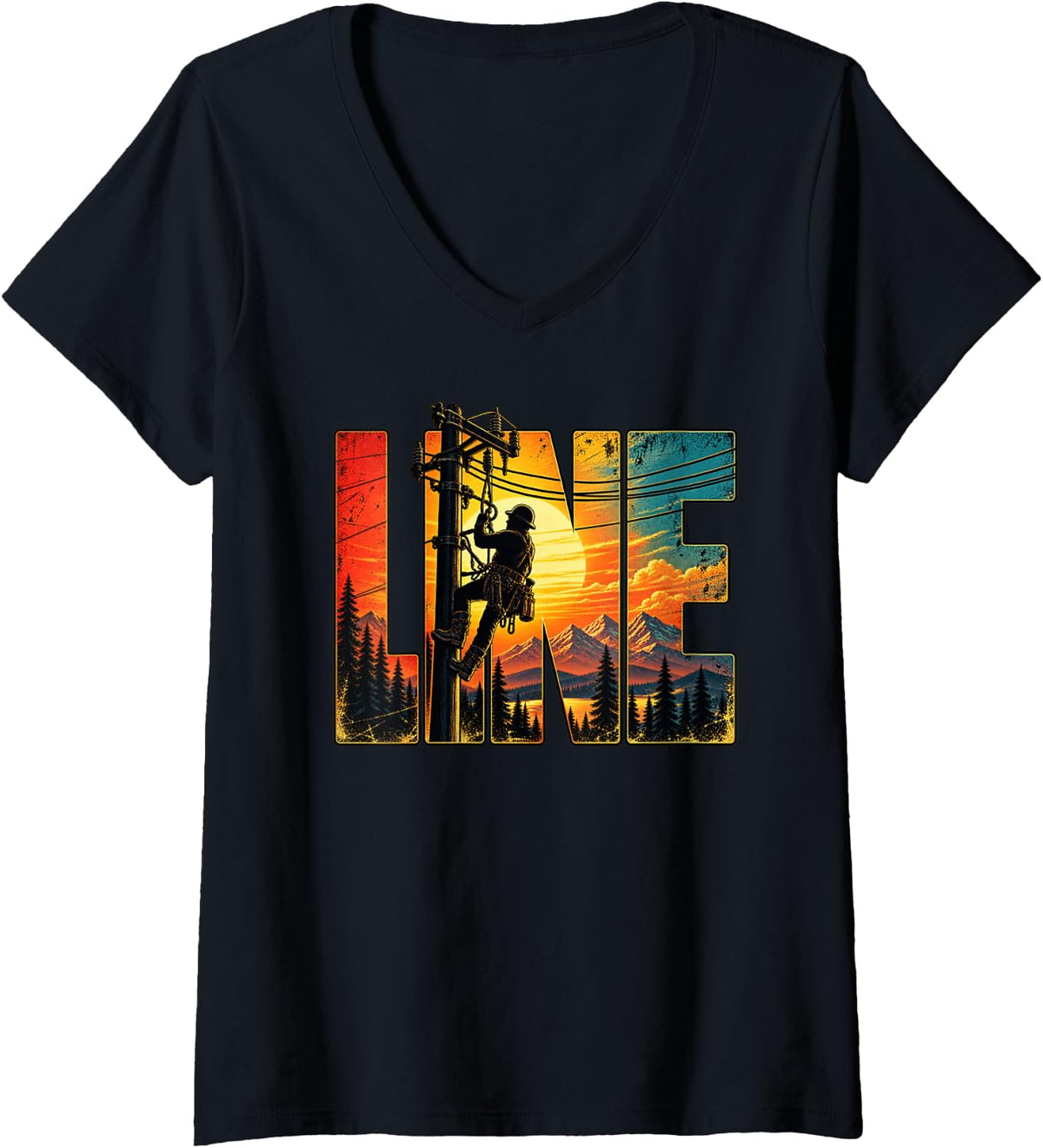 Women's Electric Cable Lineman Retro Electrician V-Neck T-Shirt - Black