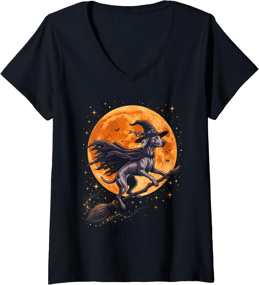 Women's Weimaraner Halloween Dog Lover Spooky Witch V-Neck T-Shirt - Black