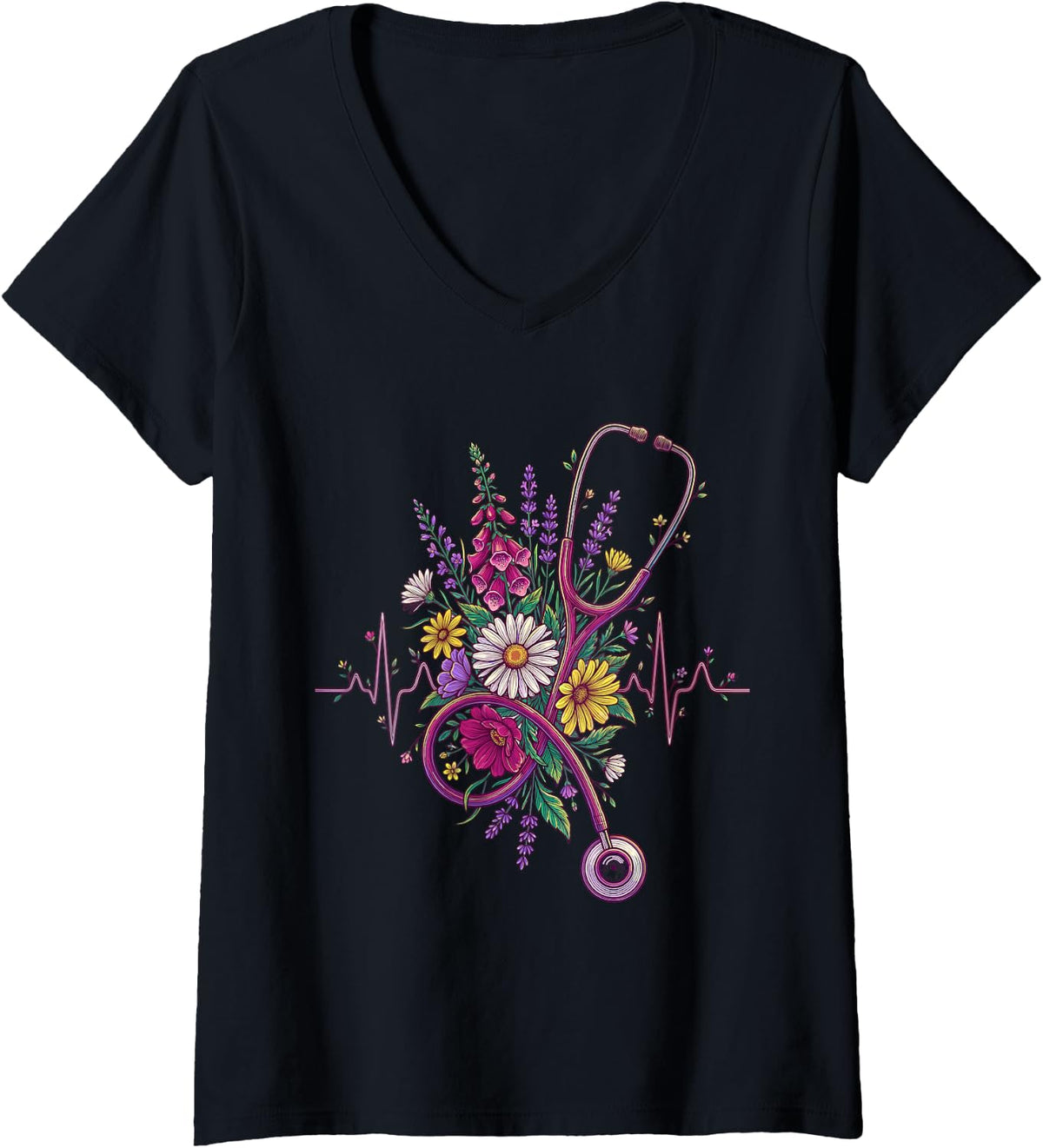 Women's Floral Stethoscope Heartbeat Bouquet Registered Nurse Care V-Neck T-Shirt - Black