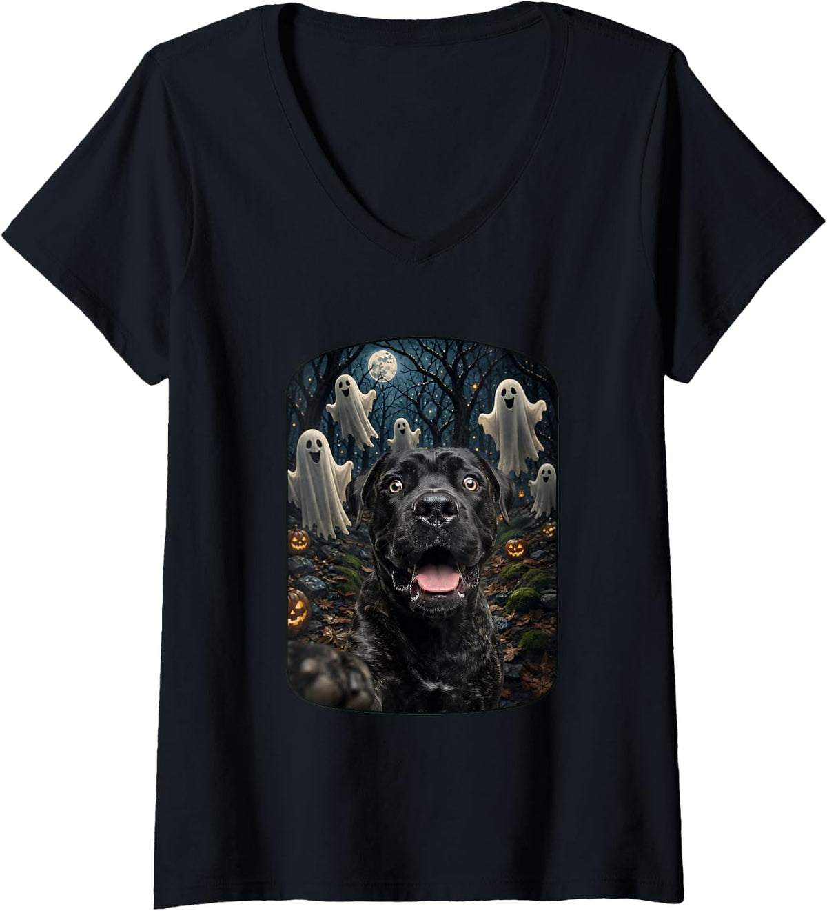Women's Funny Cane Corso Selfie with Ghosts Haunted Forest Halloween V-Neck T-Shirt - Black