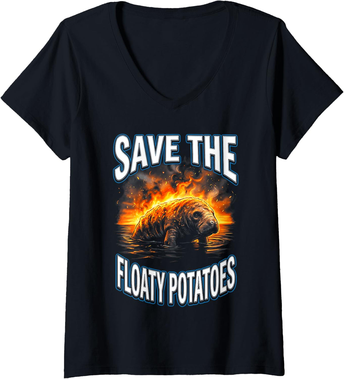 Women's Save The Floaty Potatoes Funny Manatee V-Neck T-Shirt - Black