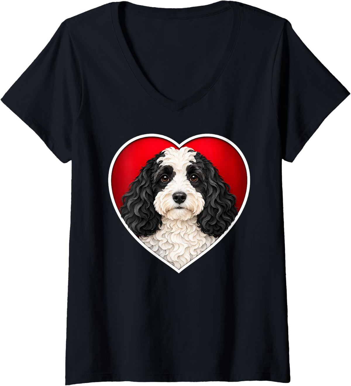 Women's Black and White Cockapoo Heart V-Neck T-Shirt - Black