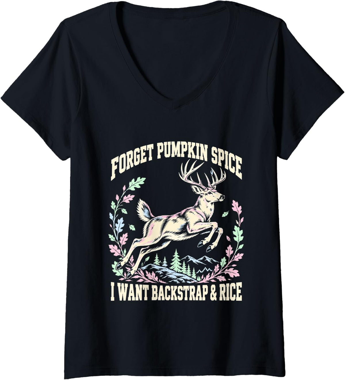 Women's Funny Deer Hunting Backstrap and Rice Fall Season V-Neck T-Shirt - Black