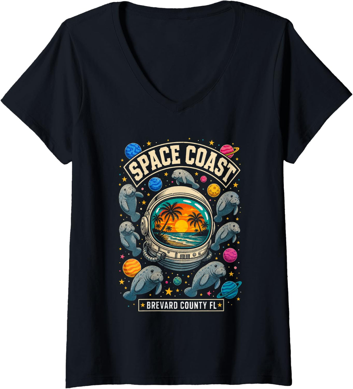 Women's Space Coast Brevard County FL Manatee V-Neck T-Shirt - Black