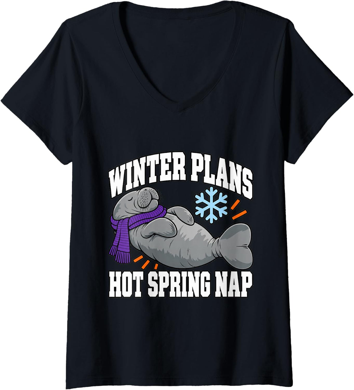 Women's Manatee Winter Plans Hot Spring Nap Scarf Ocean Lover Funny V-Neck T-Shirt - Black