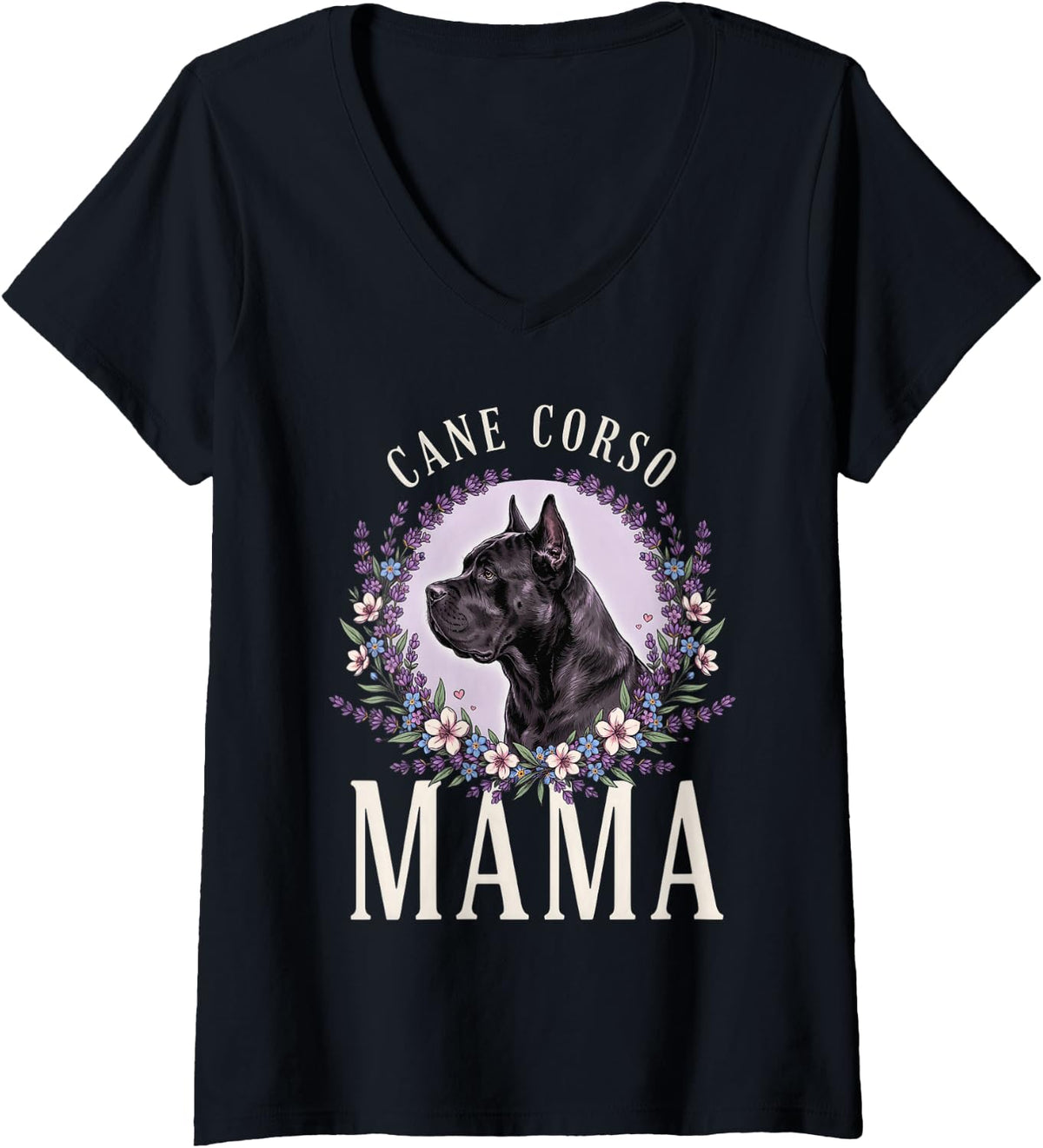 Women's Cane Corso Mama Lavender Flowers Dog Mom Italian Mastiff V-Neck T-Shirt - Black