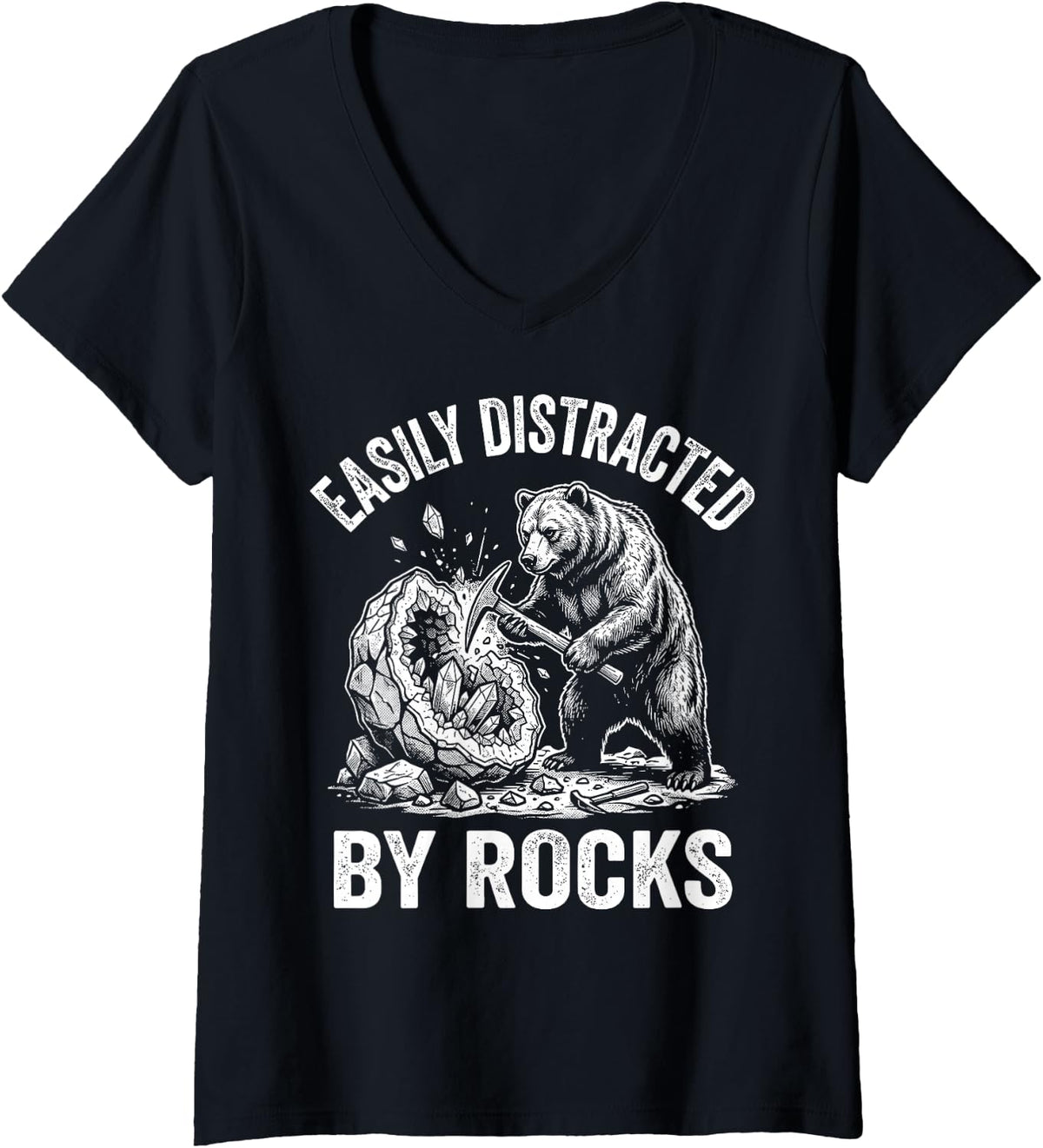 Women's Easily Distracted By Rocks Bear Miner Funny Geology V-Neck T-Shirt - Black