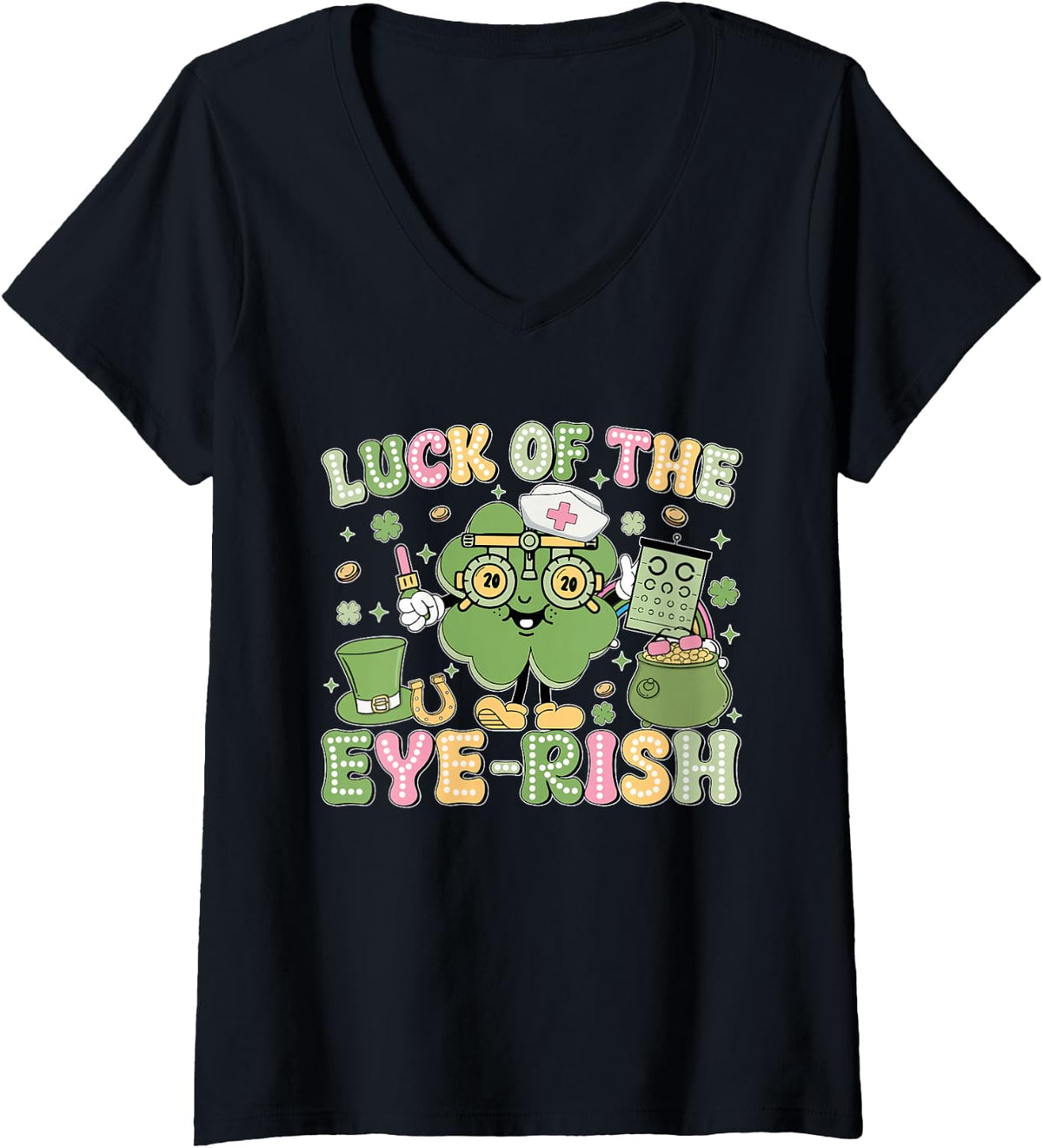 Women's Luck of The Eye-Rish St Patrick's Day Shamrock Optometry V-Neck T-Shirt - Black