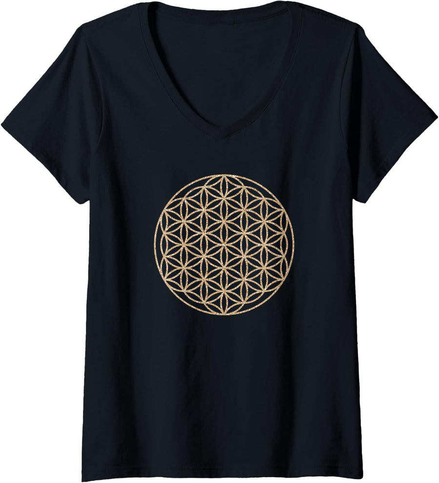 Women's Sacred Geometry Gift idea Witchcraft Gothic, Flower of Life V-Neck T-Shirt - Black