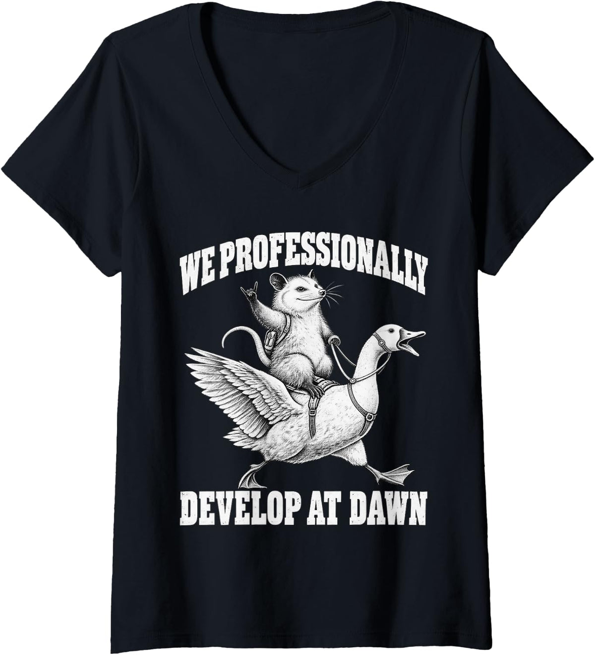 Women's we Professionally Develop at Dawn Teacher Opossum V-Neck T-Shirt - Black
