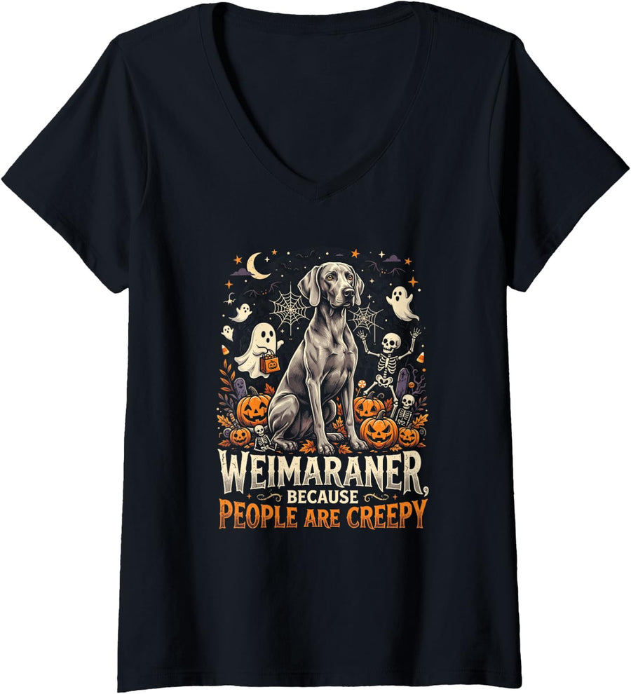 Women's Weimaraner Dog Because People are Creepy Halloween V-Neck T-Shirt - Black