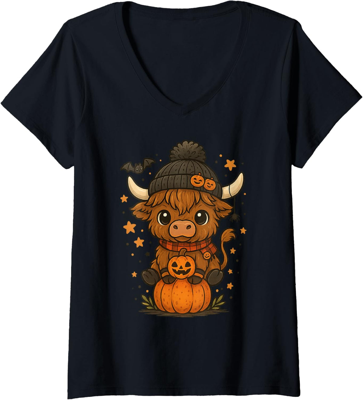 Womens Highland Cow Halloween Cute Pumpkin V-Neck T-Shirt - Black