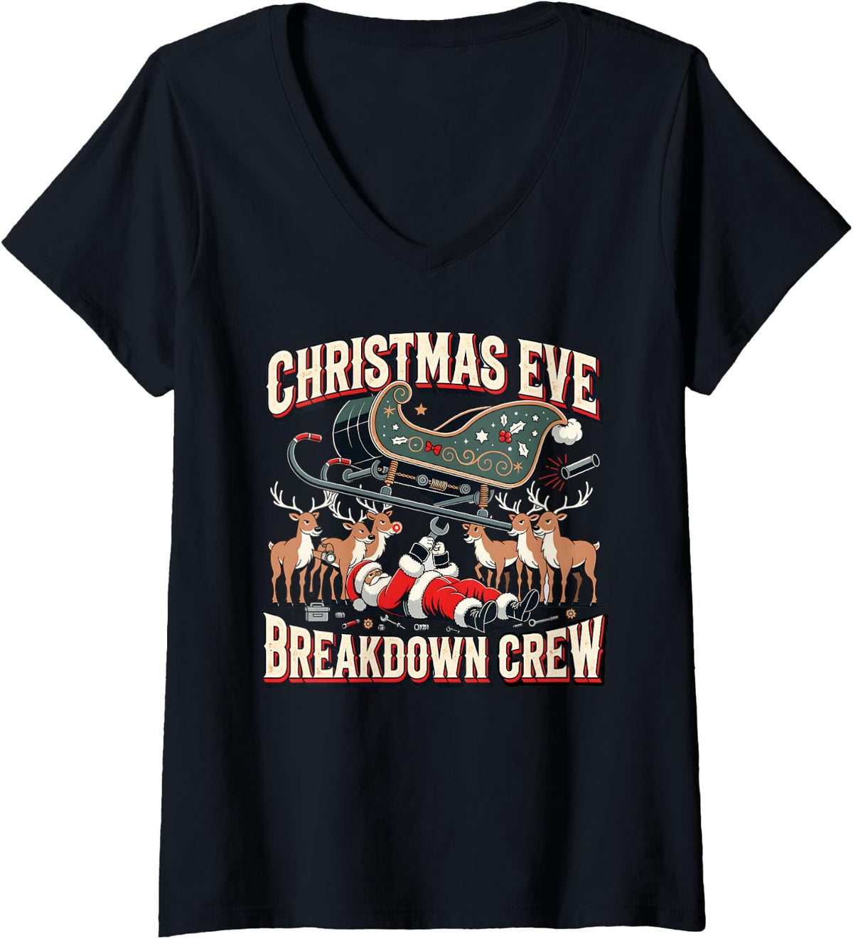 Women's Christmas Eve Breakdown Crew Mechanic Design V-Neck T-Shirt - Black