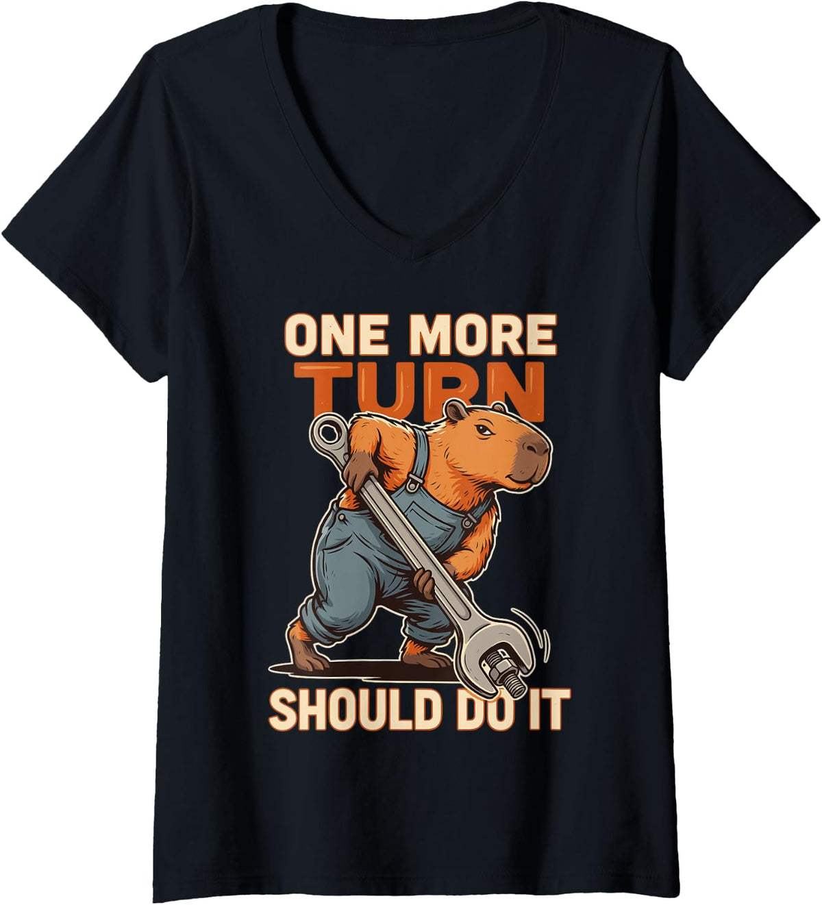 Women's One More Turn Should Do It Funny Capybara Mechanic V-Neck T-Shirt - Black