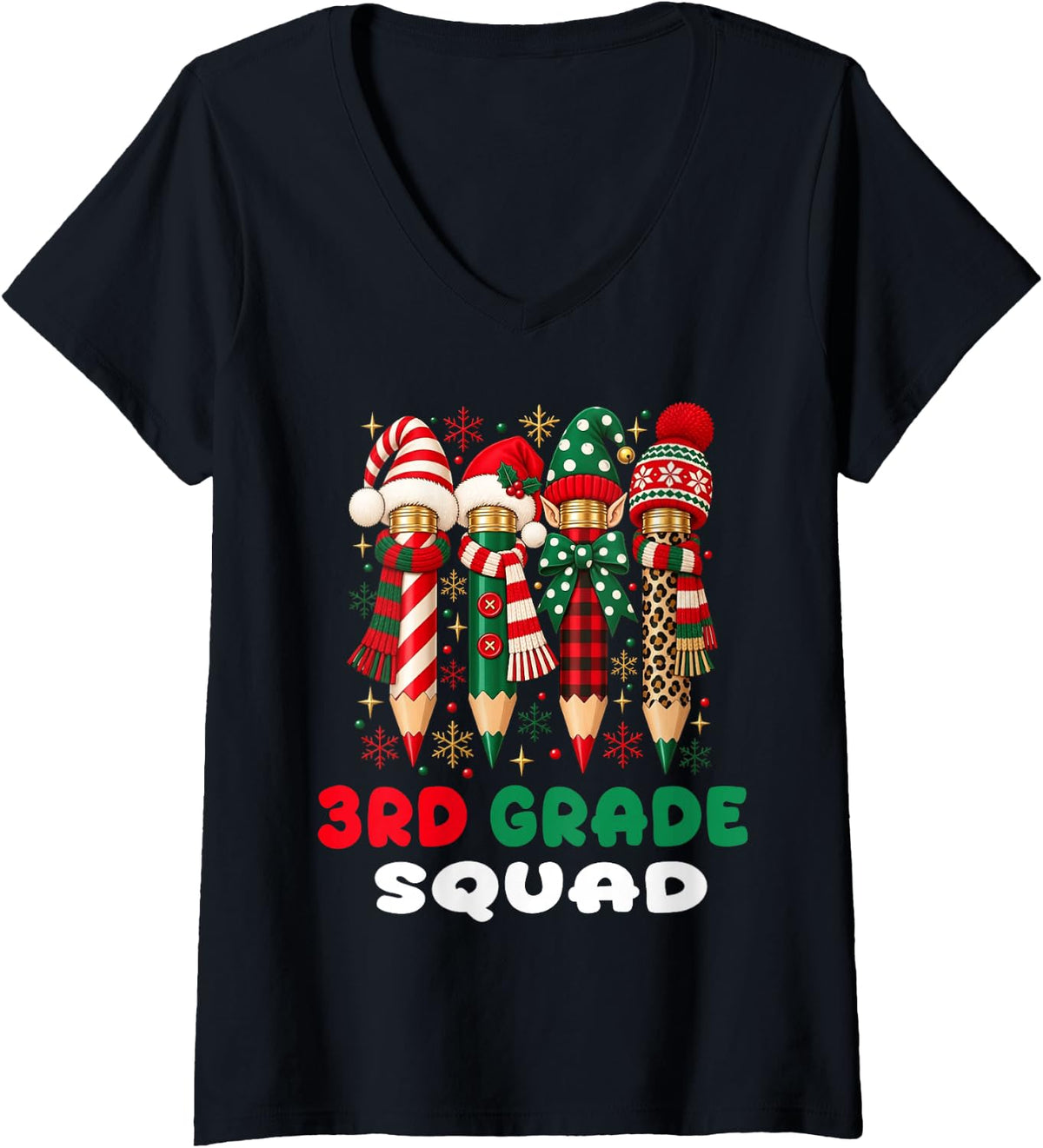 Women's 3rd Grade Teacher Christmas Third Grade Squad Pencil Xmas V-Neck T-Shirt - Black