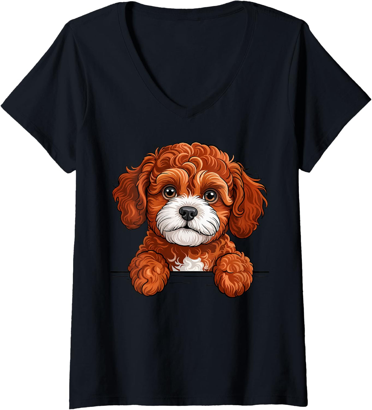 Women's Red Cavapoo Cute Peeking Cavoodle V-Neck T-Shirt - Black