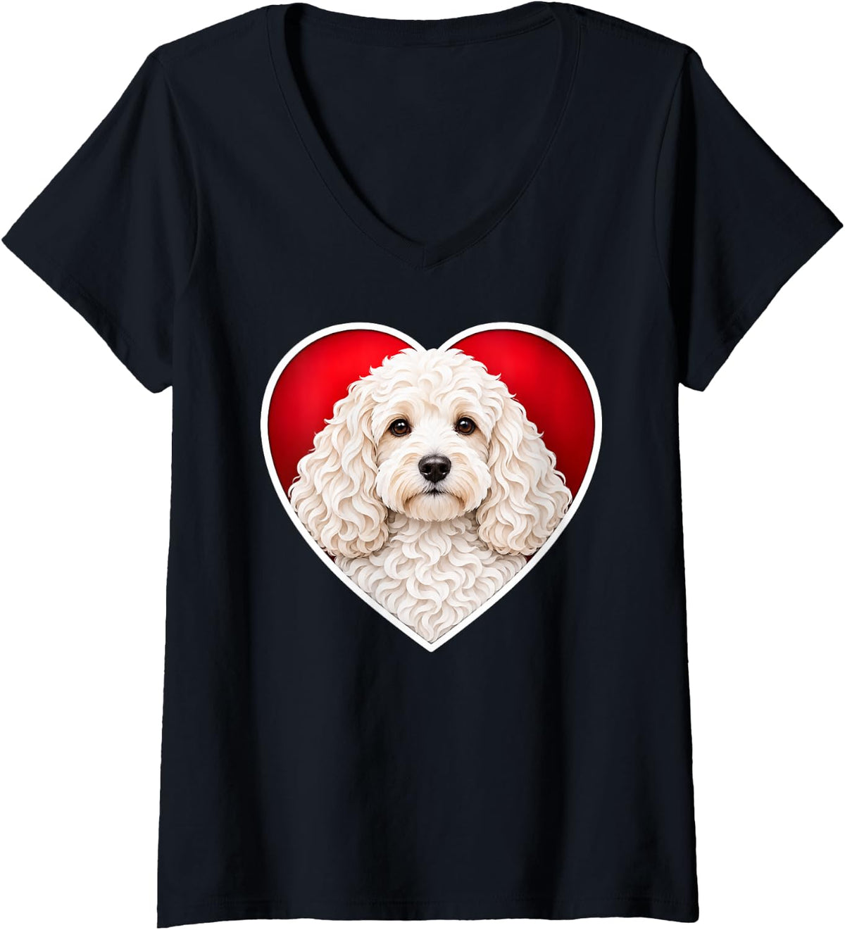 Women's White Cockapoo Heart V-Neck T-Shirt - Black