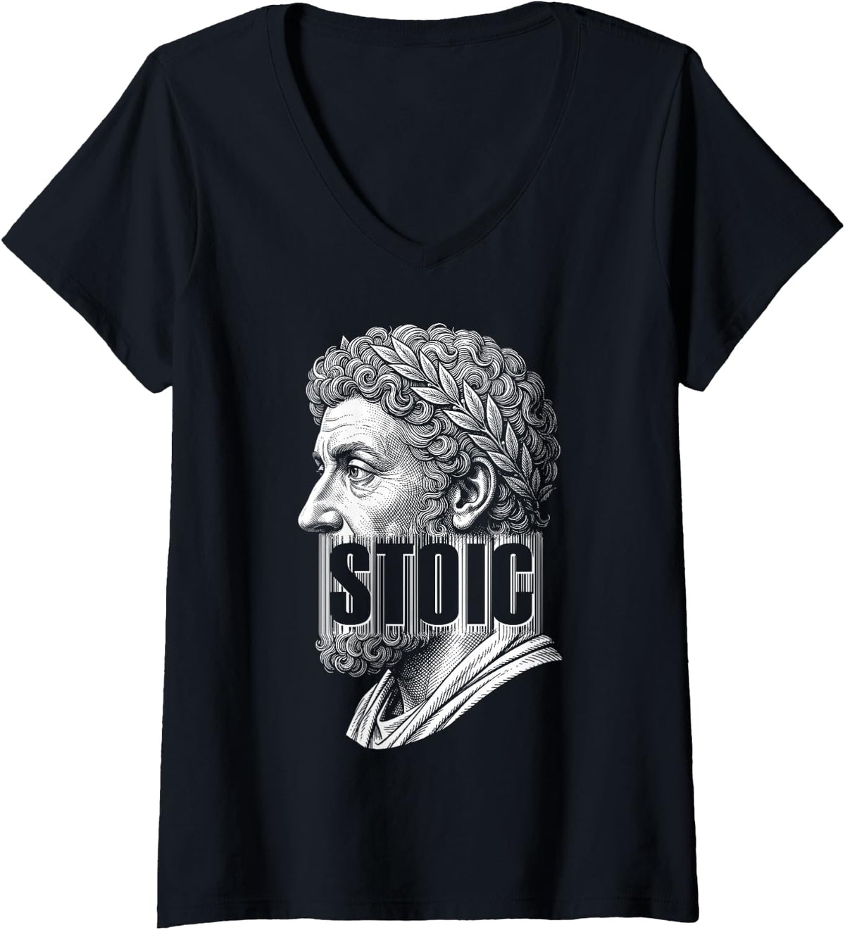 Women's Marcus Aurelius Stoic Philosophy Barcode Philosopher V-Neck T-Shirt - Black