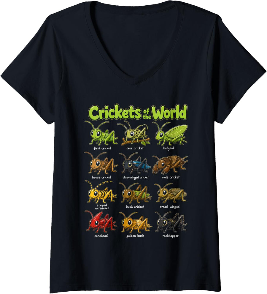 Women's Crickets of The World Cute Cricket Species Chart V-Neck T-Shirt - Black