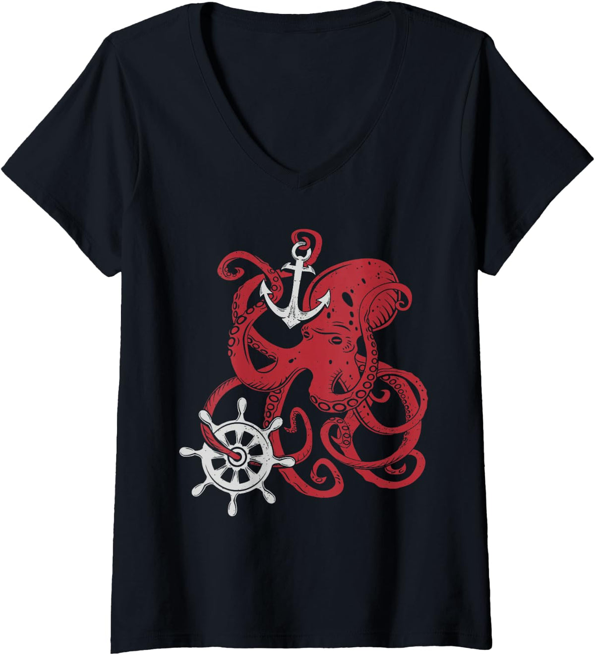 Womens Giant Octopus Vintage Nautical Design Theme V-Neck T-Shirt - Black