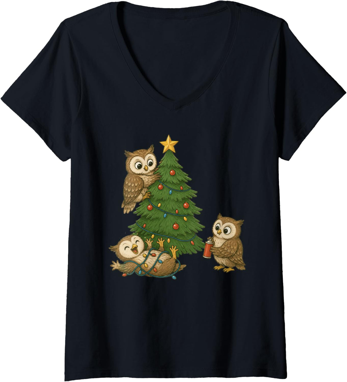 Women's Owl Christmas Tree Funny Owls Xmas V-Neck T-Shirt - Black
