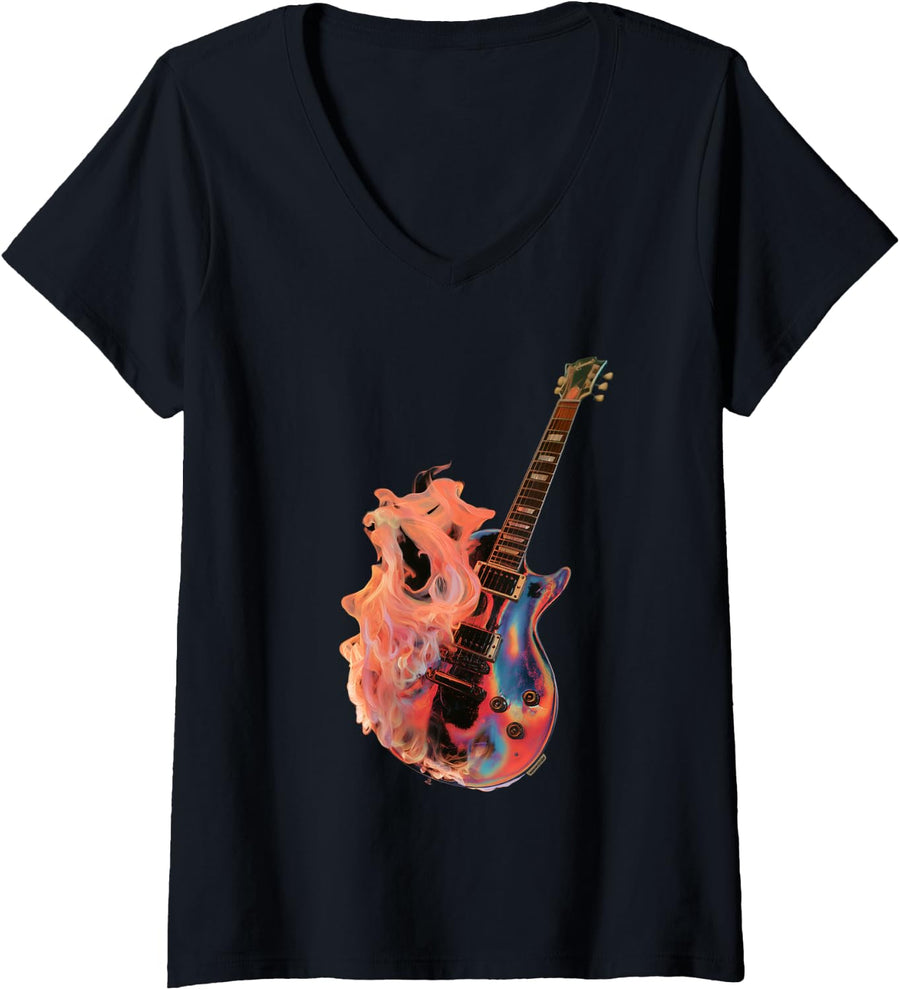Women's Flaming Electric Guitar Design – Retro Rock Guitar V-Neck T-Shirt - Black