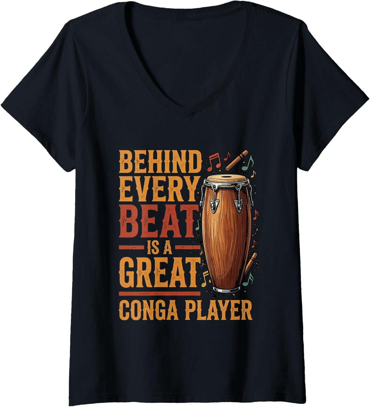 Women's Beat Conga Drum Music Musician Percussion Drummer Conga V-Neck T-Shirt - Black