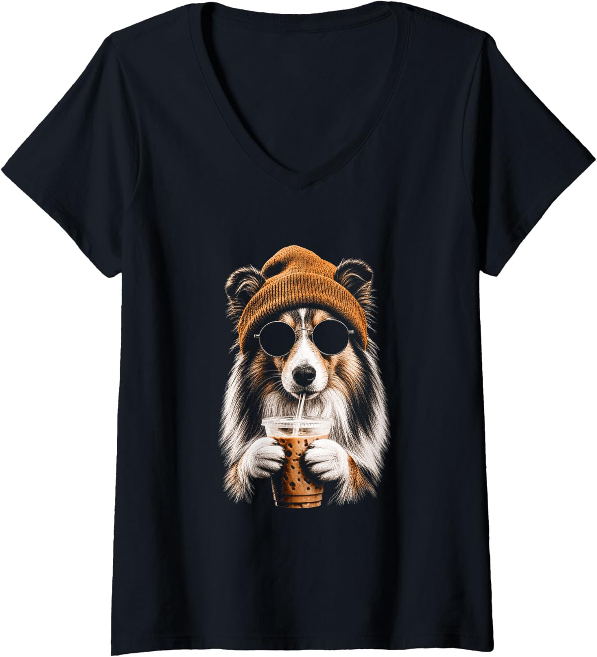 Women's Shetland Sheepdog Drinking Iced Coffee Funny Dog Hipster V-Neck T-Shirt - Black