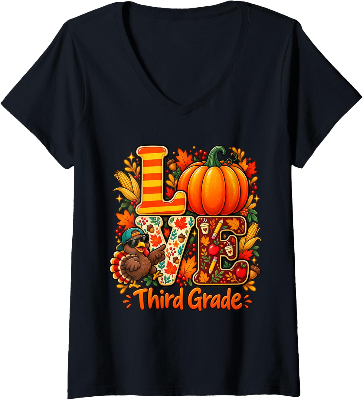 Women's Love Third Grade Teacher Turkey Thanksgiving Autumn Fall V-Neck T-Shirt - Black