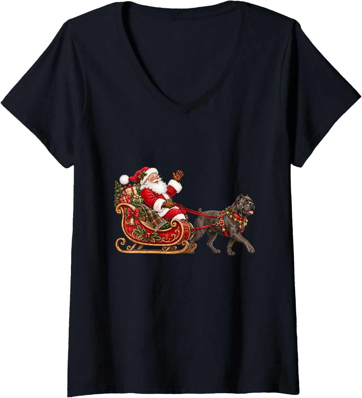 Women's Cane Corso Christmas Santa Sleigh Holiday Dog Design V-Neck T-Shirt - Black