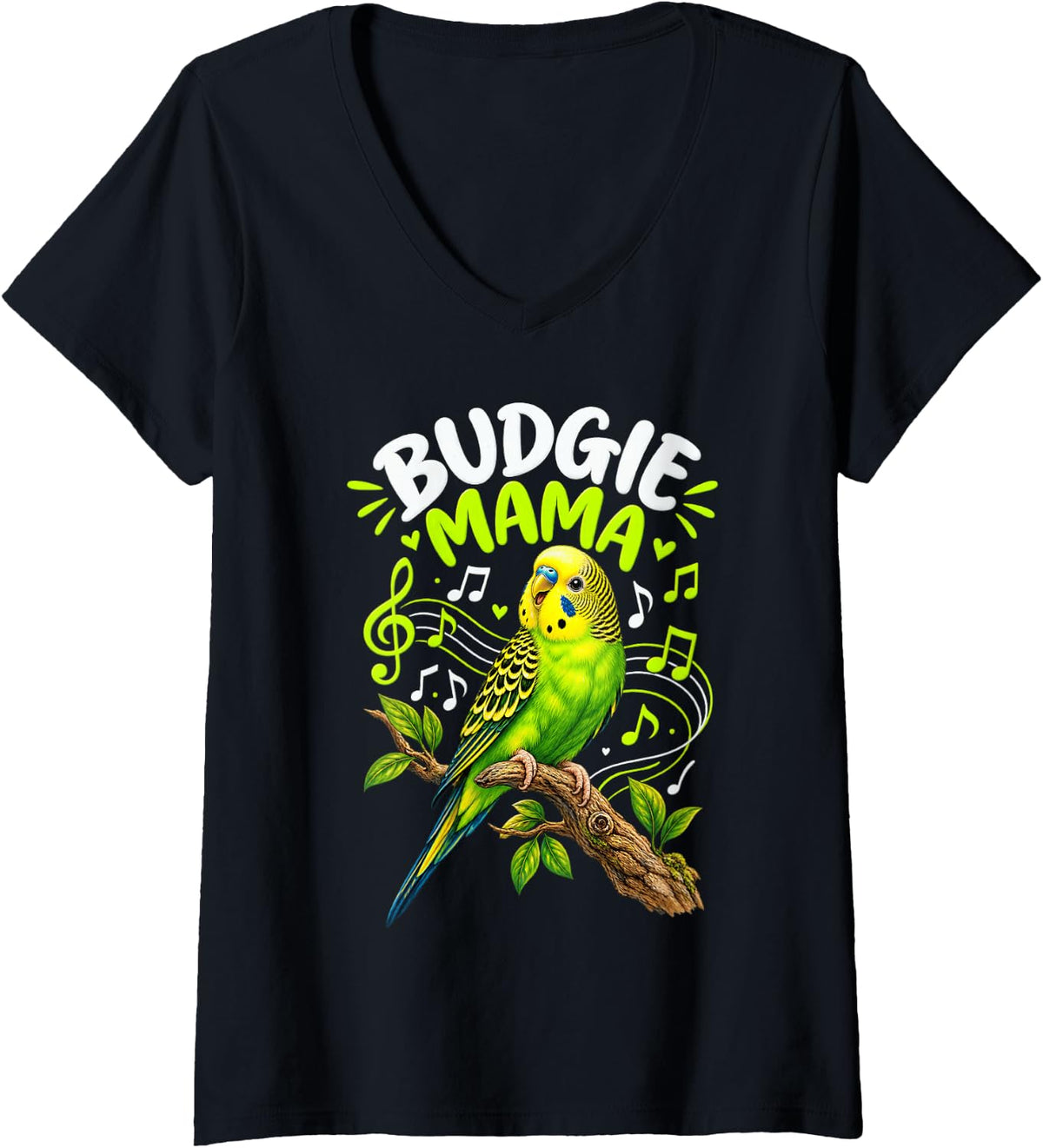 Women's Budgie Mama Green Musical Bird V-Neck T-Shirt - Black