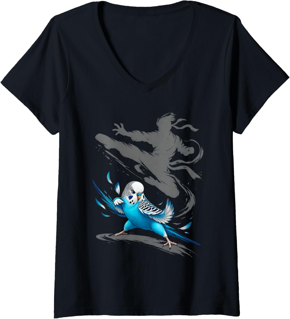 Women's Cute Fighting Blue Budgie V-Neck T-Shirt - Black