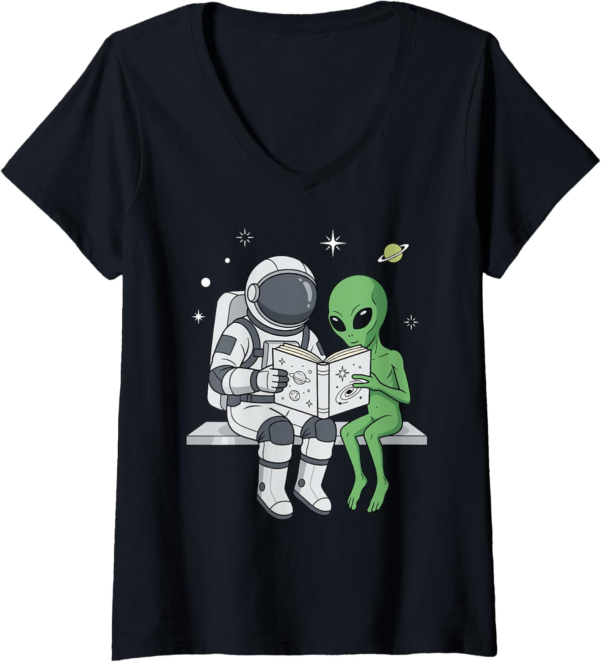 Women's Astronaut Alien Reading Book Space Astronomy Galaxy V-Neck T-Shirt - Black