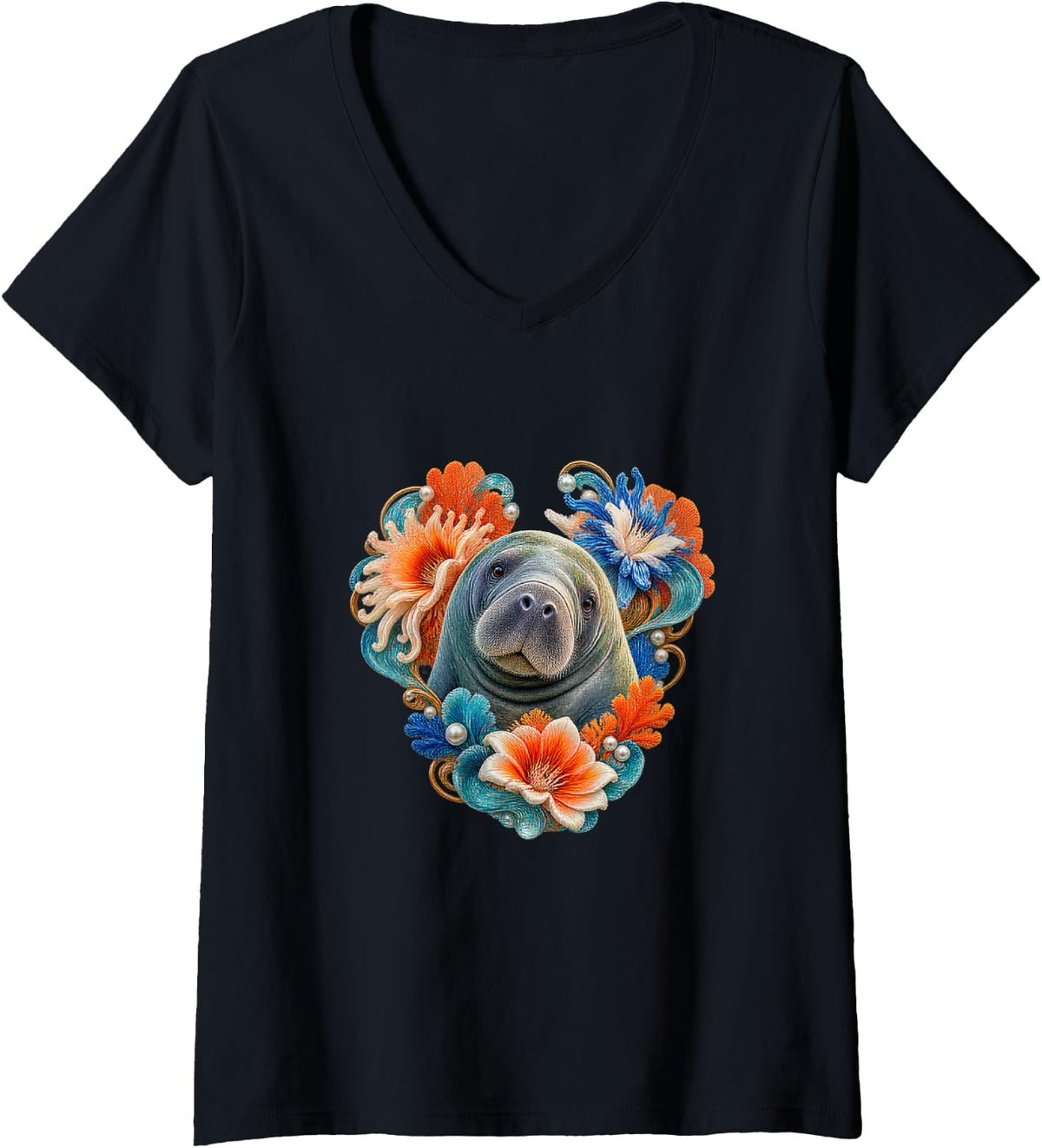 Women's Manatee with Coral Anemones and Turquoise Curling Frame V-Neck T-Shirt - Black