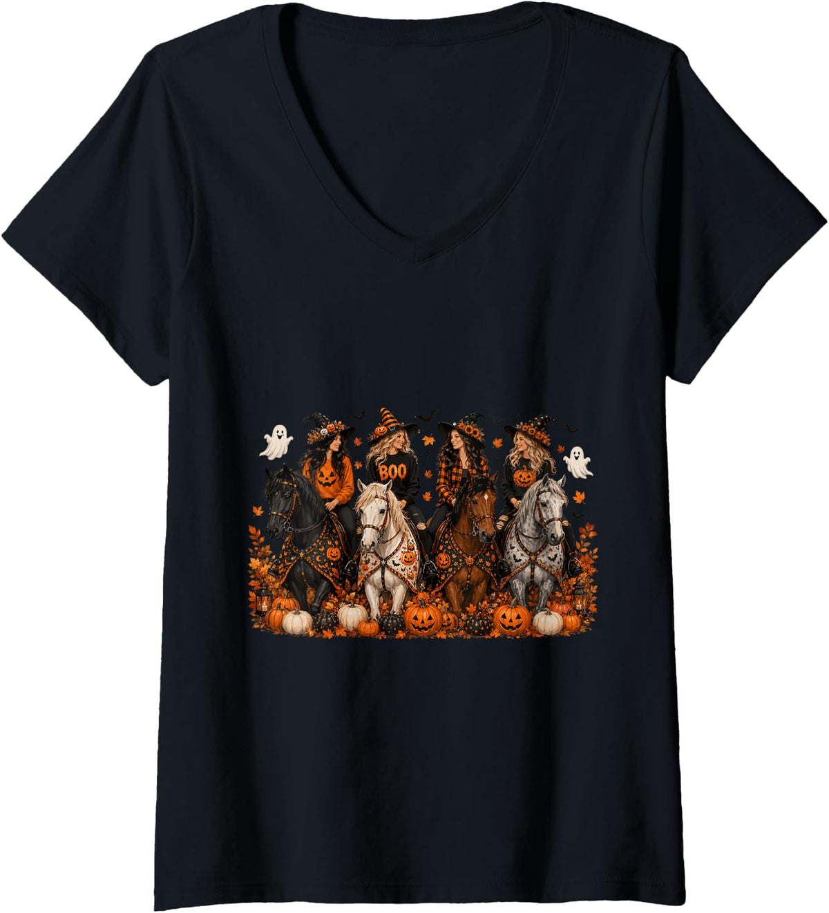 Women's Halloween Horse Riding Witch Cowgirl Autumn Equestrian Ghost V-Neck T-Shirt - Black