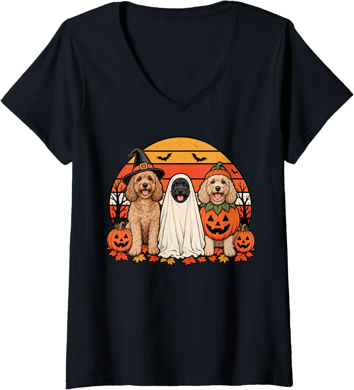 Women's Spooky Cockapoo Pumpkin Ghost Halloween Doodle Dog Lover V-Neck T-Shirt - Black