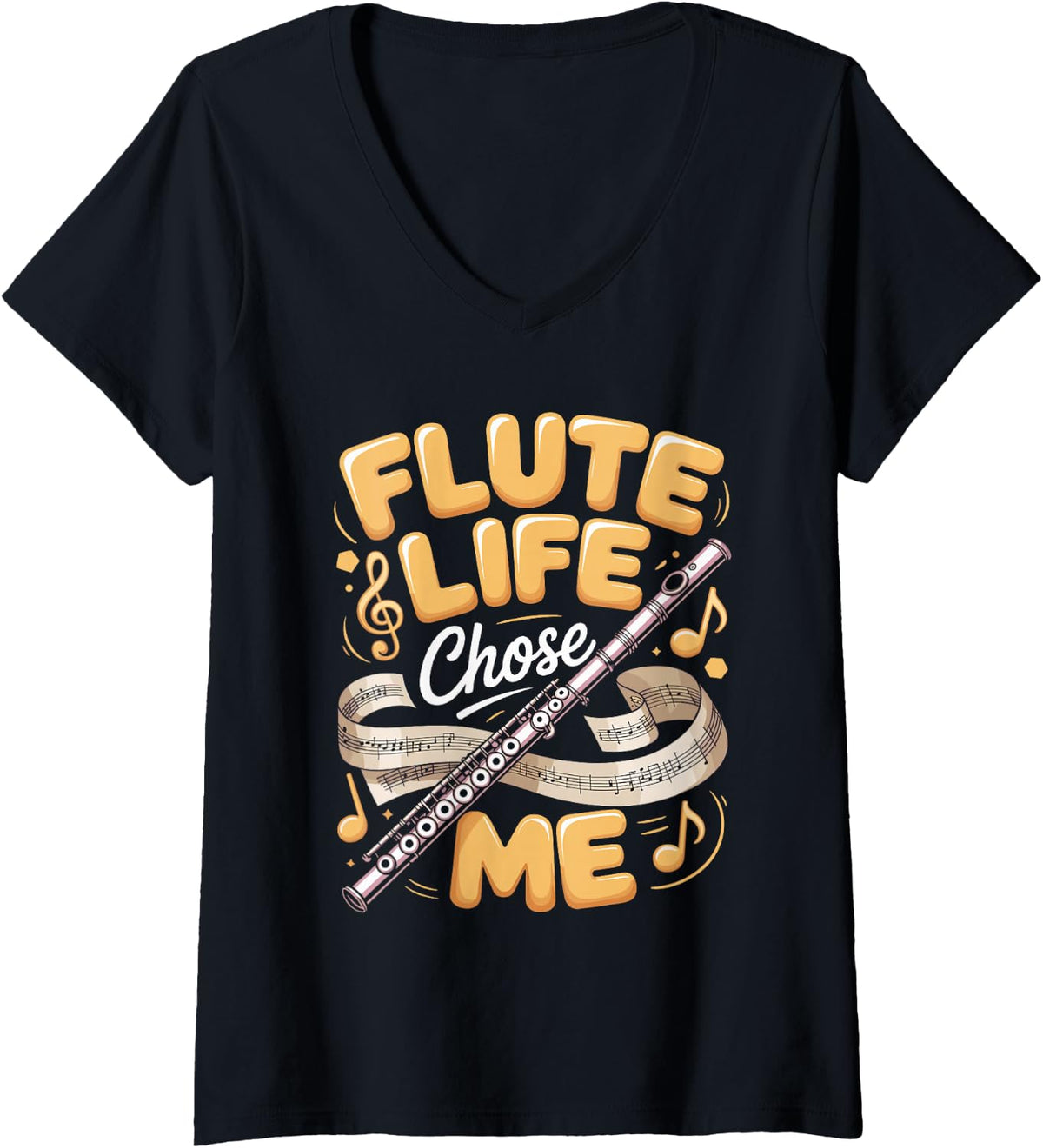 Women's Flute Life Chose Me Flutist Band V-Neck T-Shirt - Black