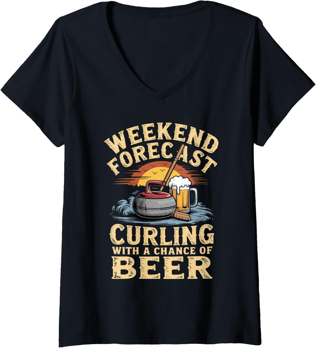 Women's Weekend Forecast Curling with a Chance of Beer Player V-Neck T-Shirt - Black