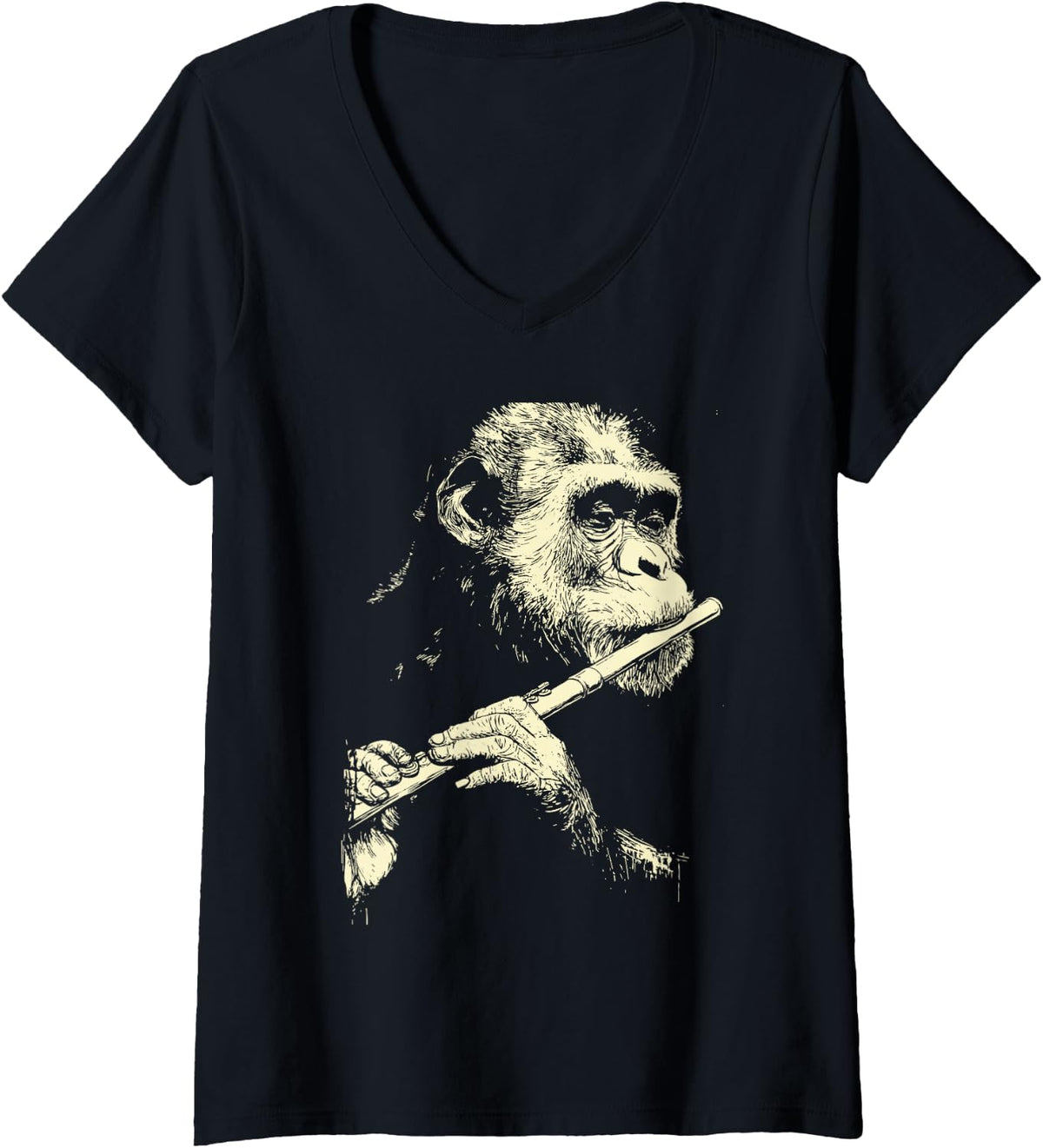Women's Cute Gorilla Playing Flute Funny Musician Animal Flutist V-Neck T-Shirt - Black