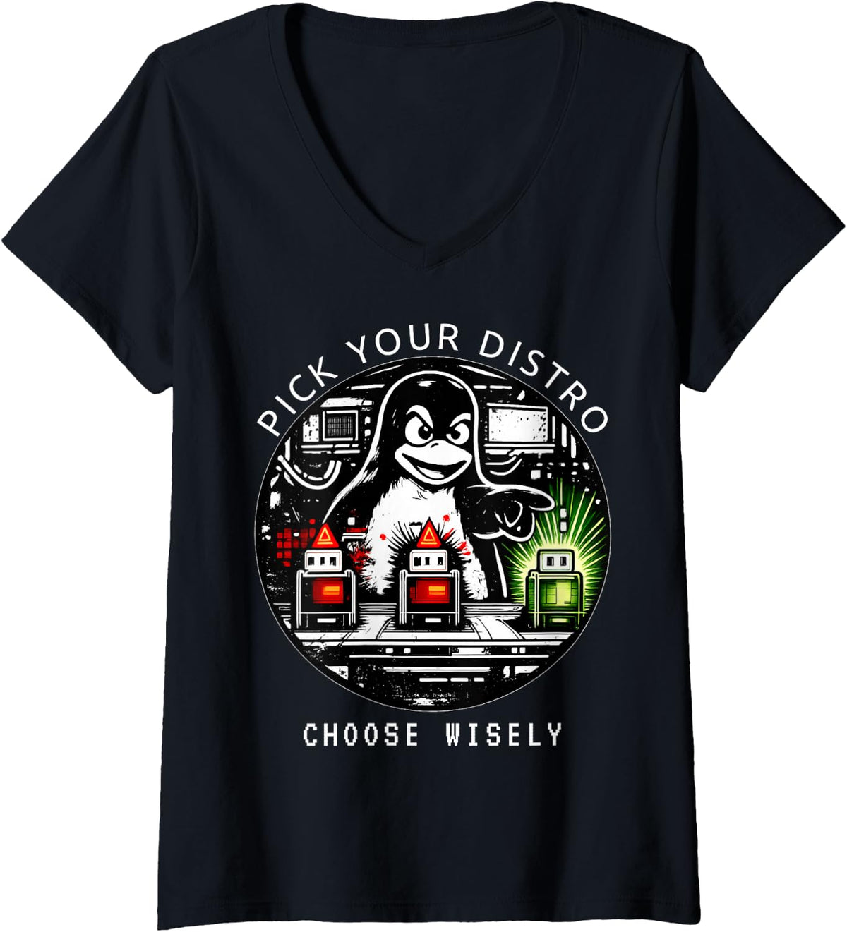 Women's Linux Distro Wise Sysadmin Funny Nerd Admin V-Neck T-Shirt - Black