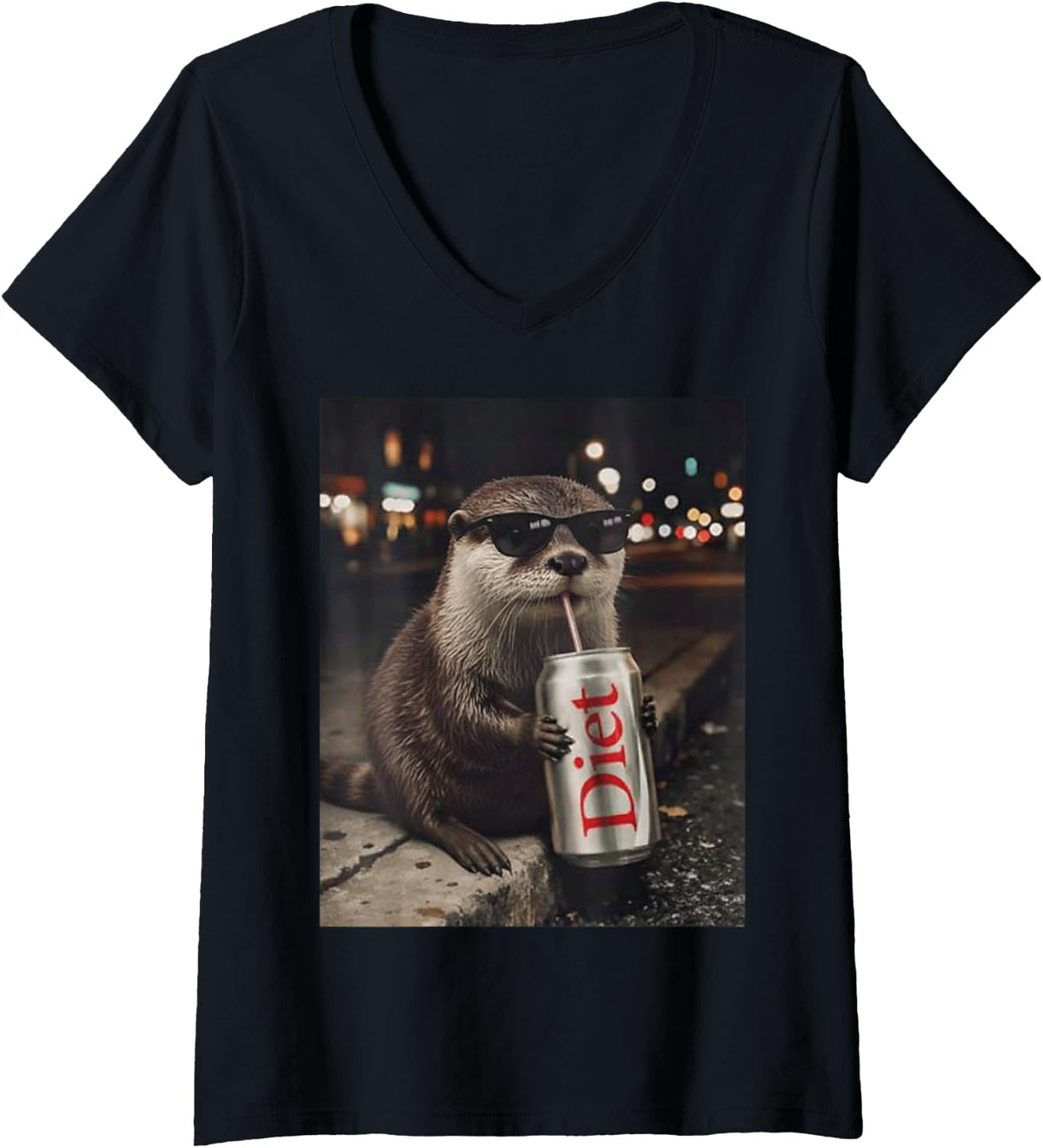 Women's Cool Otter Drinking Diet Soda Funny Meme Animal Design V-Neck T-Shirt - Black