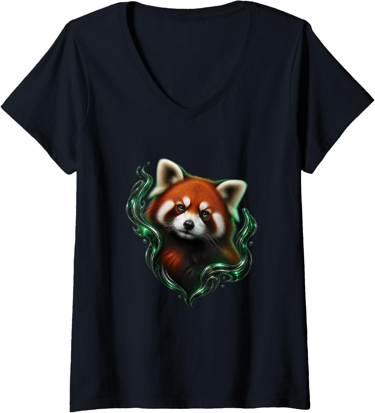 Women's Red Panda with Emerald Liquid Metal Forest Art V-Neck T-Shirt - Black