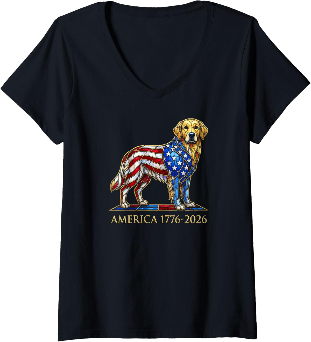 Women's Golden Retriever America 1776 2026 Patriotic USA 250 Years V-Neck T-Shirt - Black