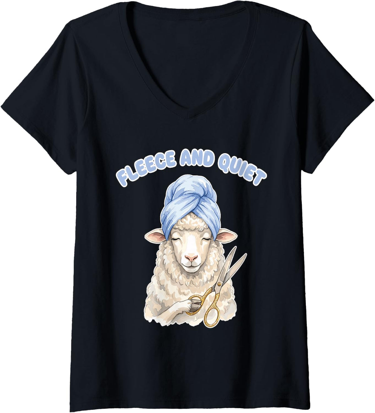 Women's Fleece and Quiet Grooming Sheep Spa Scissors Funny Pun V-Neck T-Shirt - Black