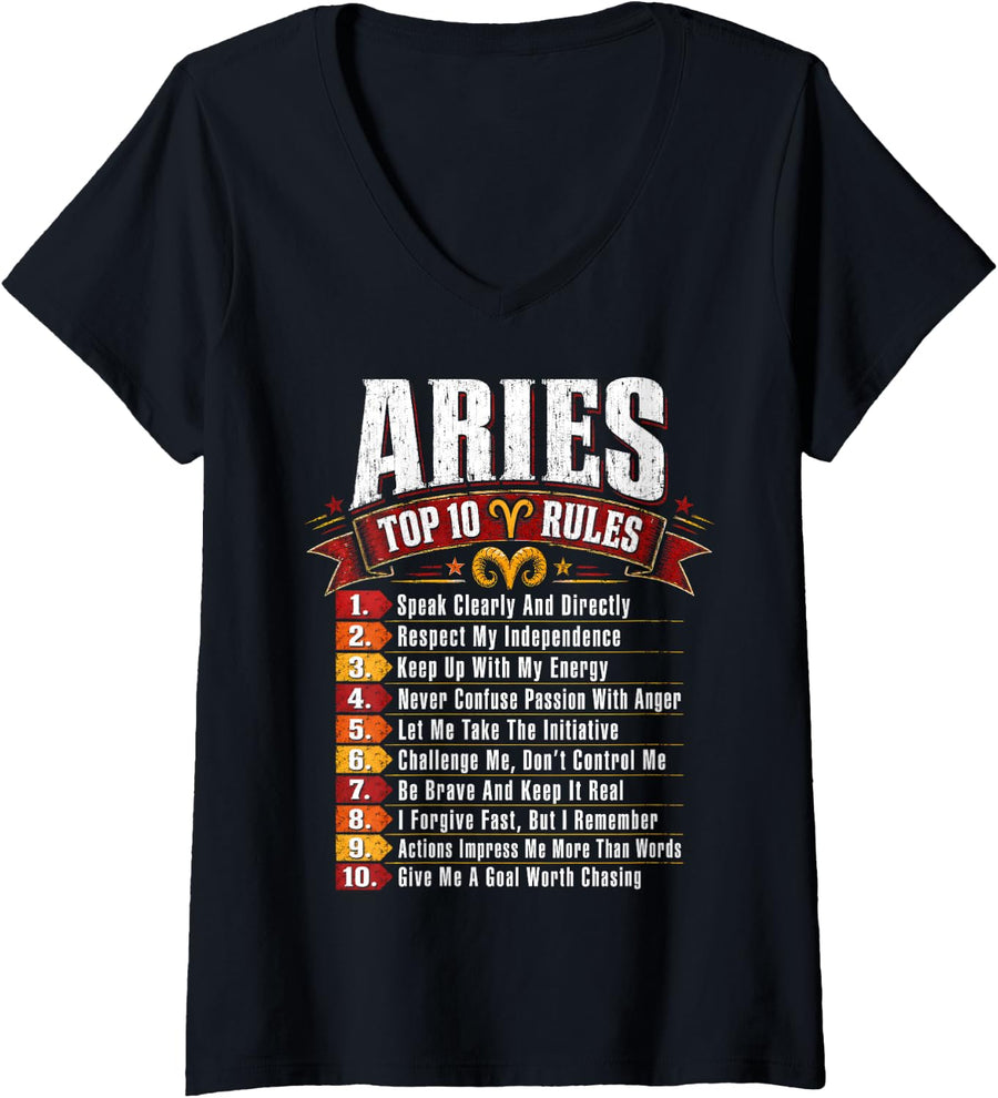 Women's Aries Top 10 Rules Zodiac Birthday Astrology Fan V-Neck T-Shirt - Black