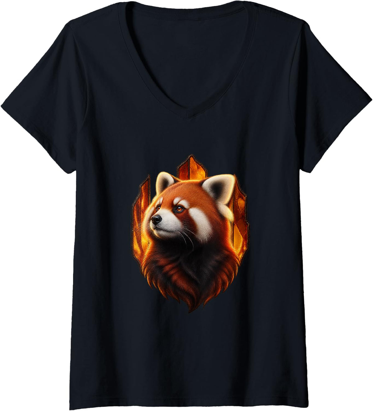 Women's Red Panda with Amber Cathedral Glass Forest Art V-Neck T-Shirt - Black